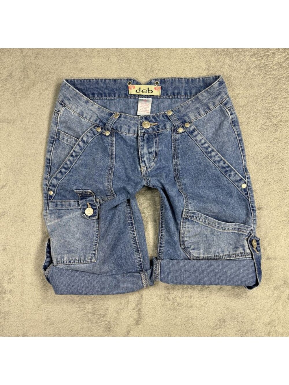 Y2K 2000s Ultra Low Rise Jorts Womens 3 Roll-Up Denim Bermuda Shorts Grunge Blue